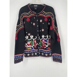 Vtg 90s Ugly Christmas Sweater Knit Santa Snowman Grandmacore Cottage Cardigan